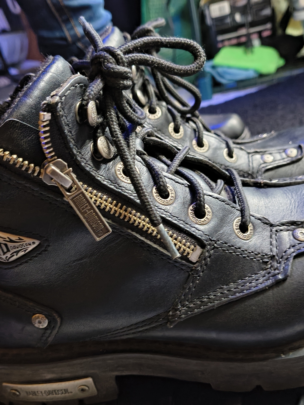 Harley-Davidson Black Leather Lace-Up Ankle Boots with Side Zipper